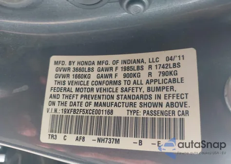 2012 Honda Civic Lx z USA, uszkodzony, nr VIN 19XFB2F5XCE001168